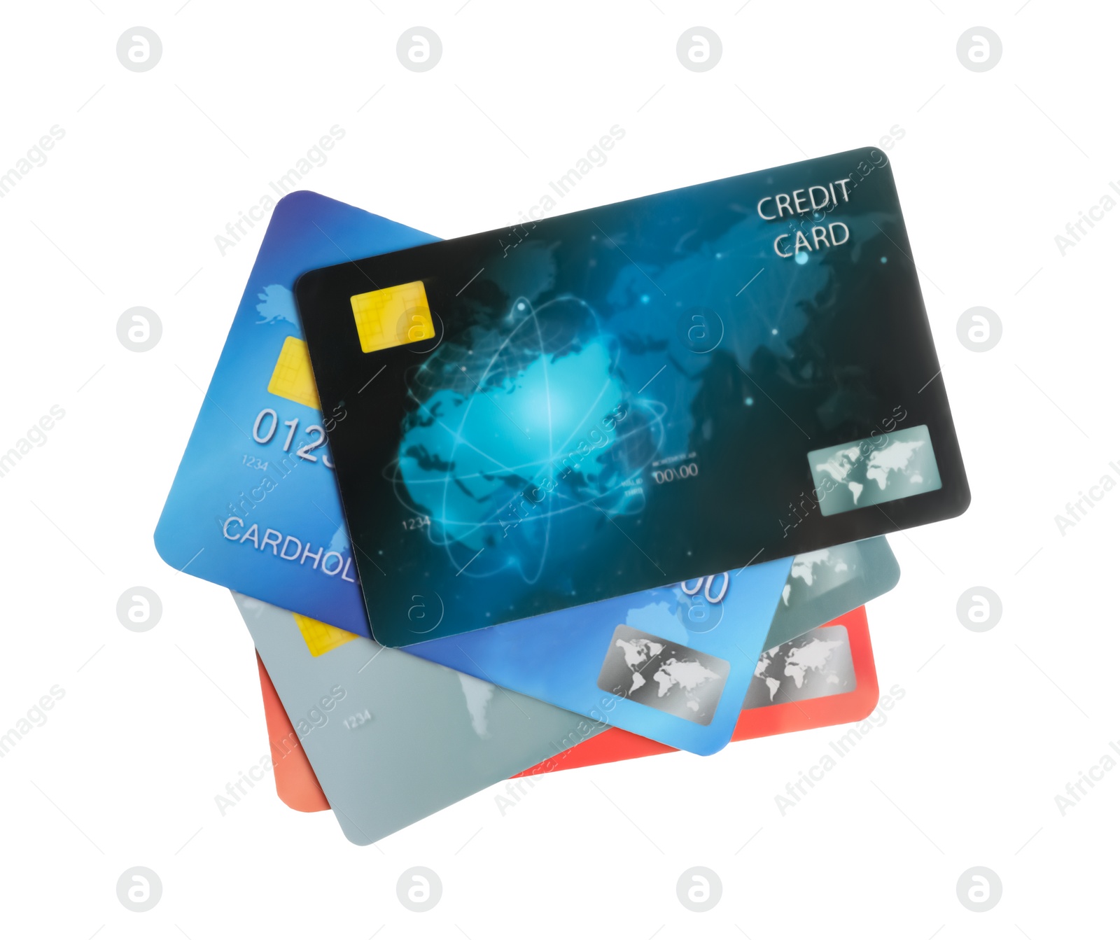 Photo of Different plastic credit cards on white background