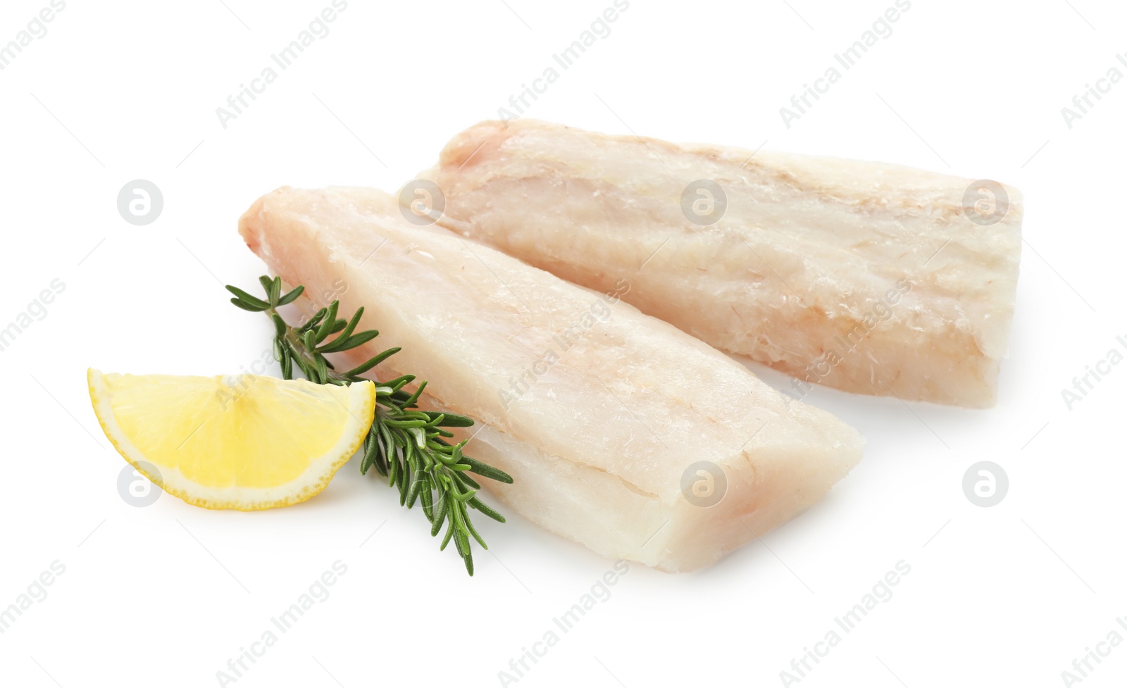 Photo of Fresh raw cod fillets with rosemary and lemon isolated on white
