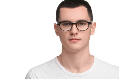 Photo of Young man with glasses on white background