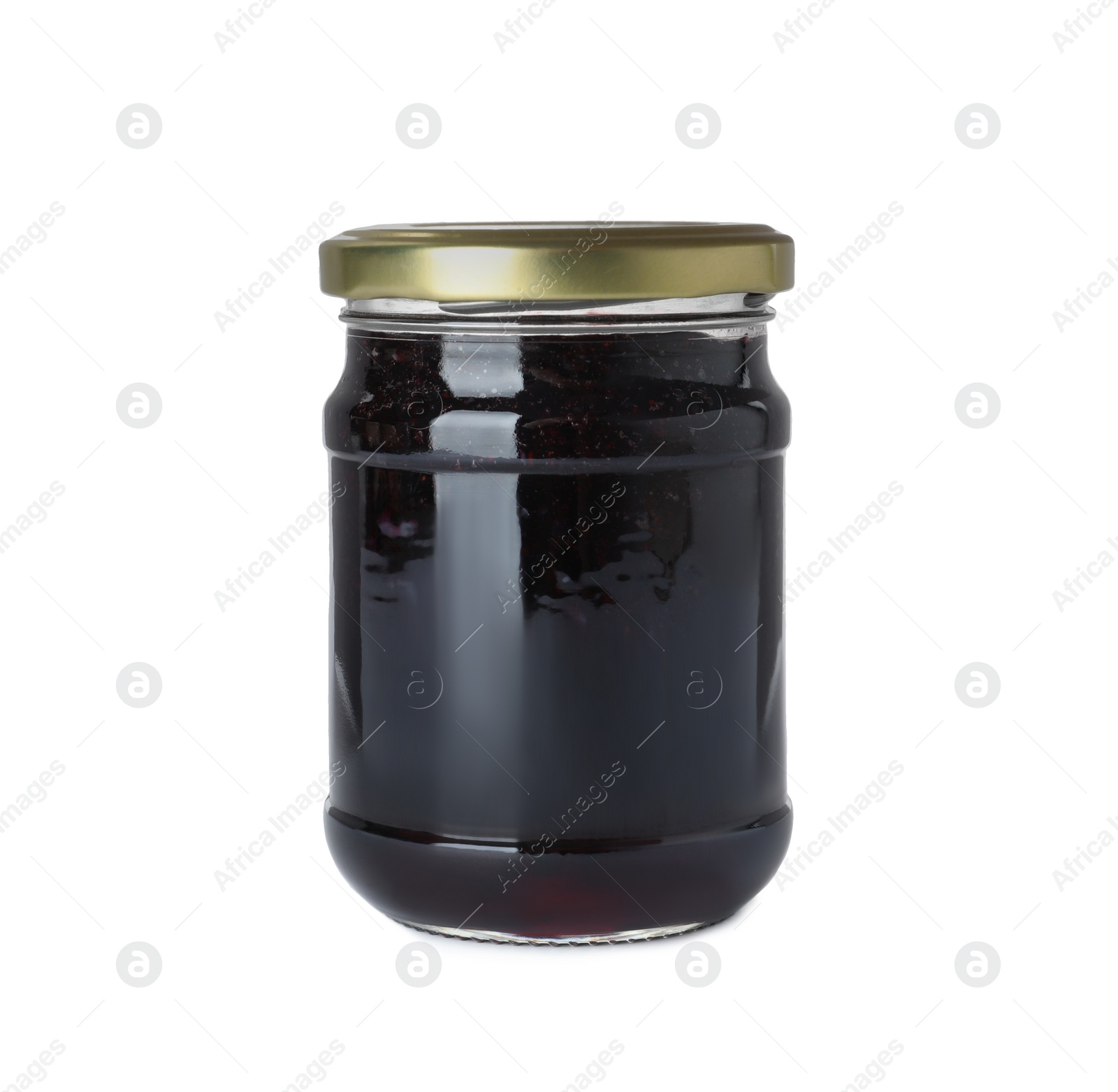Photo of Jar of blueberry jam isolated on white