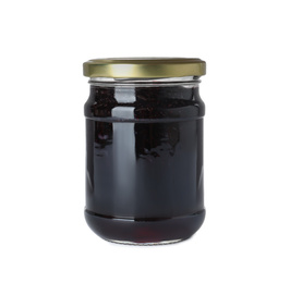 Photo of Jar of blueberry jam isolated on white