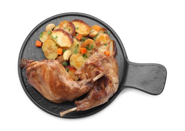 Photo of Tasty cooked rabbit meat with vegetables isolated on white, top view