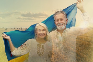 Image of Double exposure of happy mature couple with national flag of Ukraine and wheat field