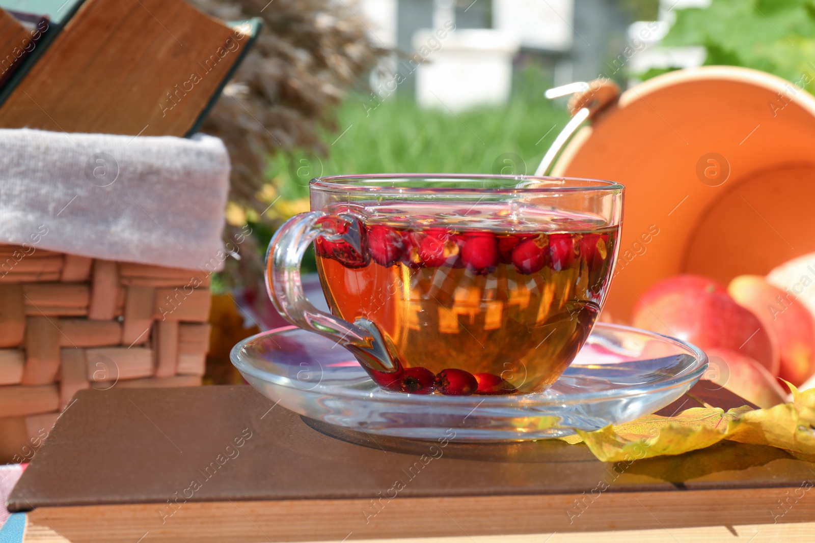 Photo of Cup of tea with hawthorn berries outdoors