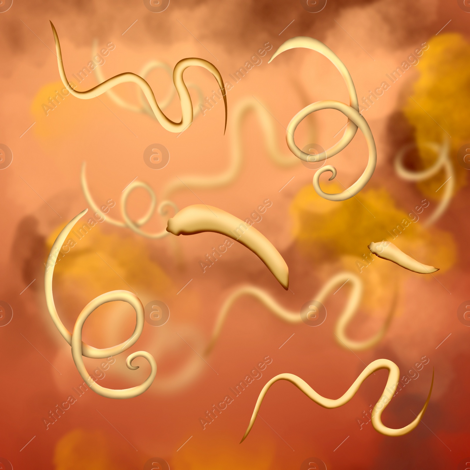 Illustration of  helminths on color background. Parasites in human body