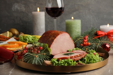 Photo of Delicious ham served on table. Christmas dinner