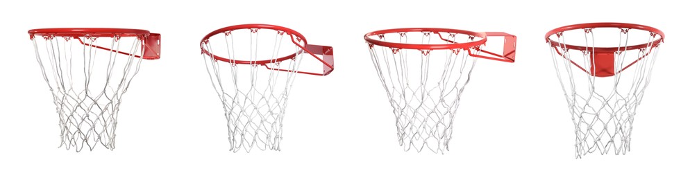 Image of Collage of basketball hoop isolated on white, different sides