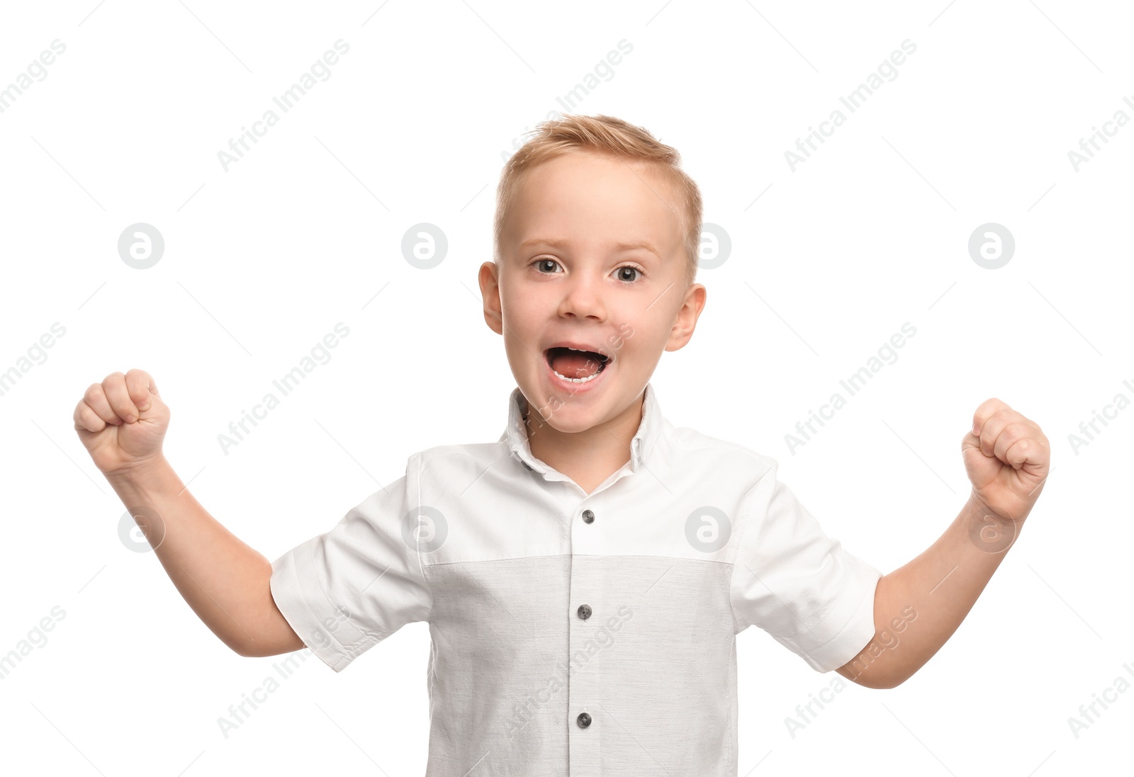 Photo of Portrait of cute little boy on white background