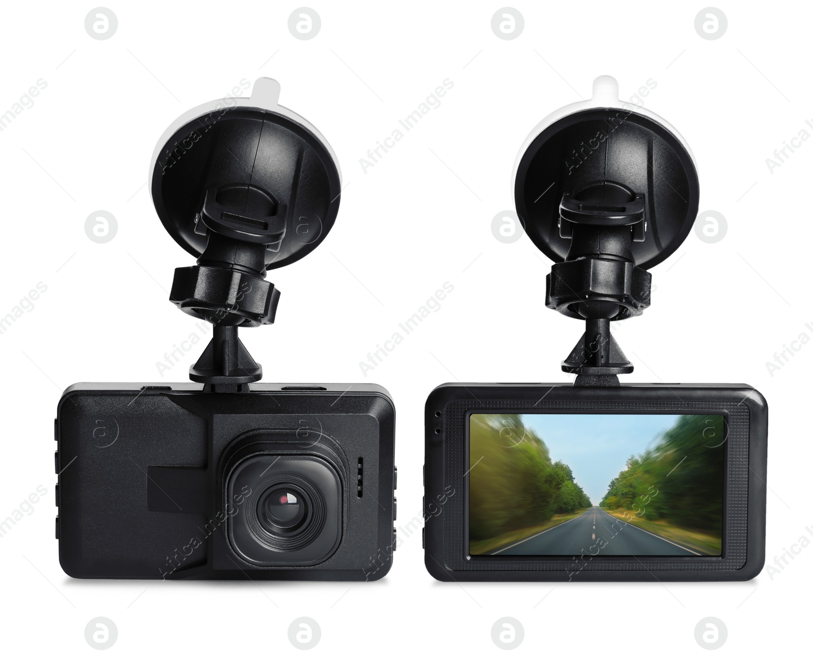 Image of Modern car dashboard cameras on white background in collage, one with photo of road