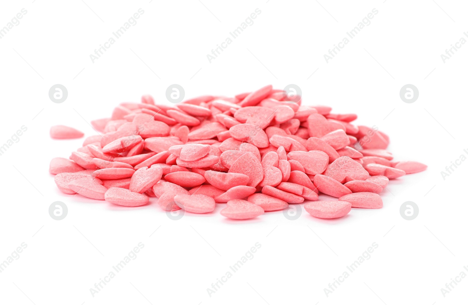 Photo of Pile of sweet candy hearts on white background