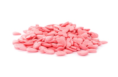 Photo of Pile of sweet candy hearts on white background