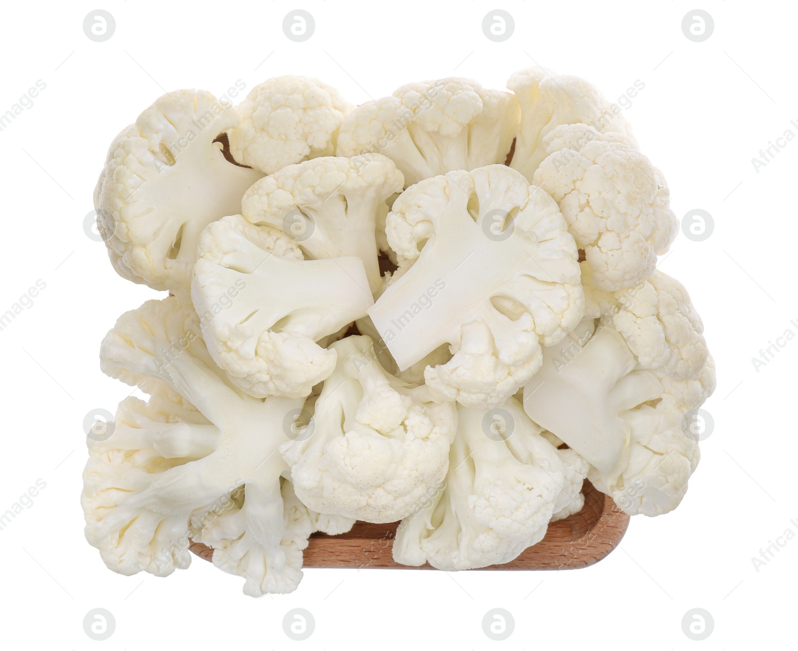 Photo of Wooden plate with cut fresh raw cauliflowers on white background, top view