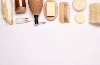 Bath accessories. Different personal care products and dry spikelets on white background, flat lay with space for text