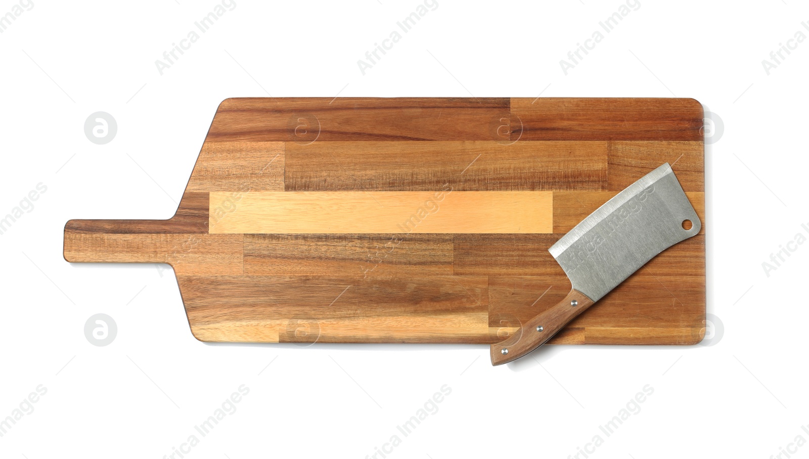 Photo of Cleaver knife with wooden board isolated on white, top view