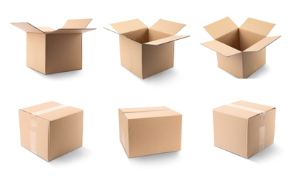 Image of Set of cardboard boxes on white background