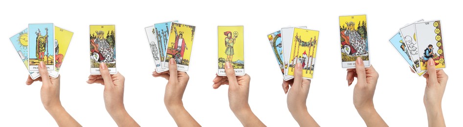 Closeup of woman holding tarot cards on white background, collage. Banner design
