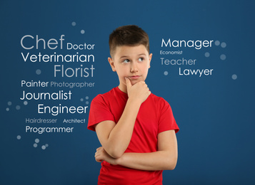 Image of Thoughtful little boy choosing profession on blue background
