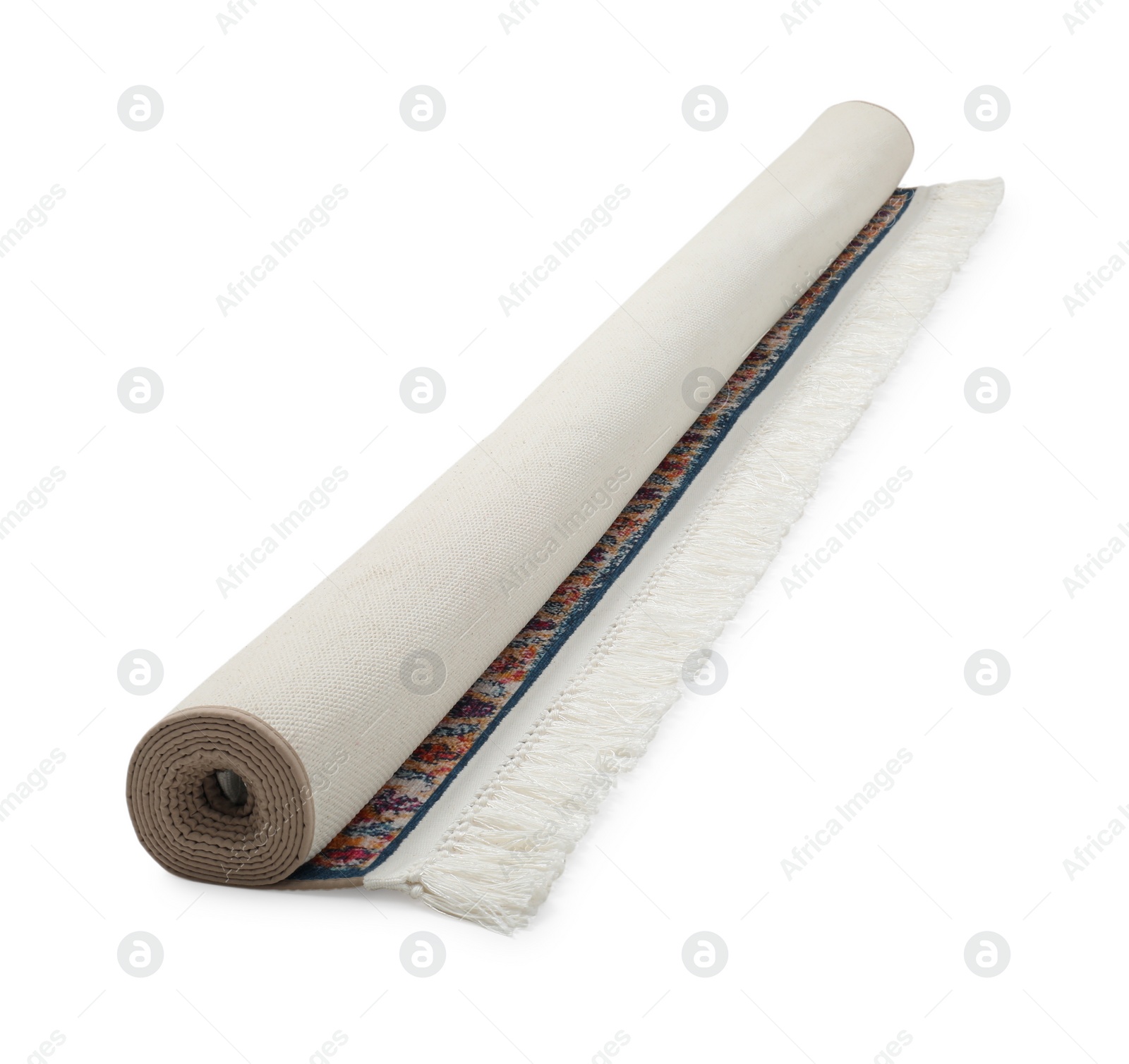 Photo of Rolled carpet on white background. Interior element