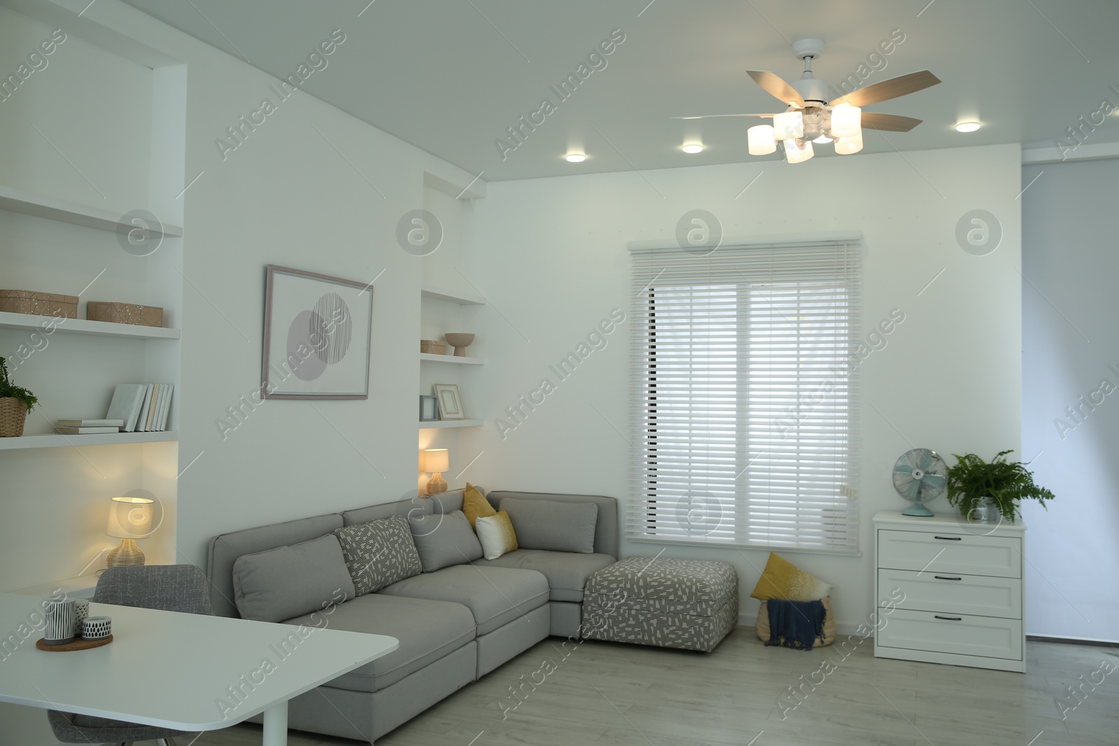 Photo of Comfortable furniture, ceiling fan and accessories in stylish living room