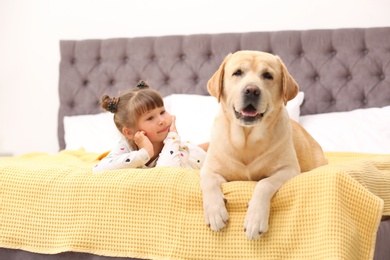 Photo of Adorable yellow labrador retriever and little girl on bed at home