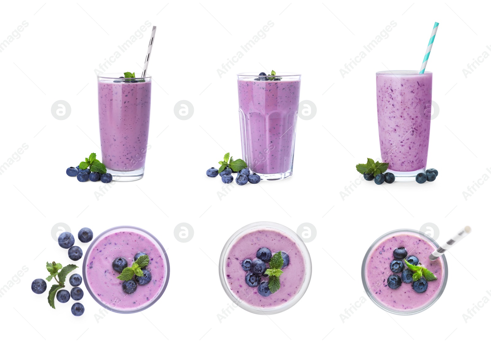 Image of Set with glasses of blueberry smoothie, fresh berries and mint on white background