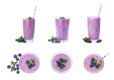 Image of Set with glasses of blueberry smoothie, fresh berries and mint on white background