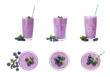 Set with glasses of blueberry smoothie, fresh berries and mint on white background