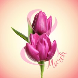 Image of 8 March - Happy International Women's Day. Card design with tulip flowers on gradient background