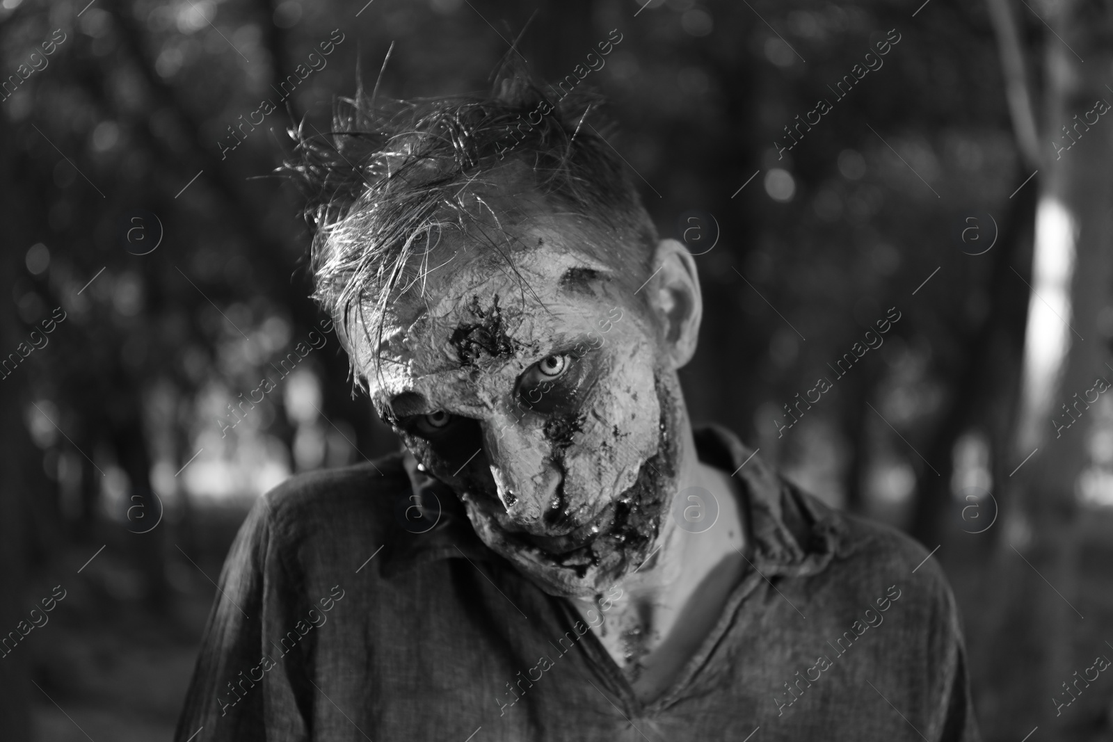 Photo of Scary zombie outdoors, black and white effect. Halloween monster