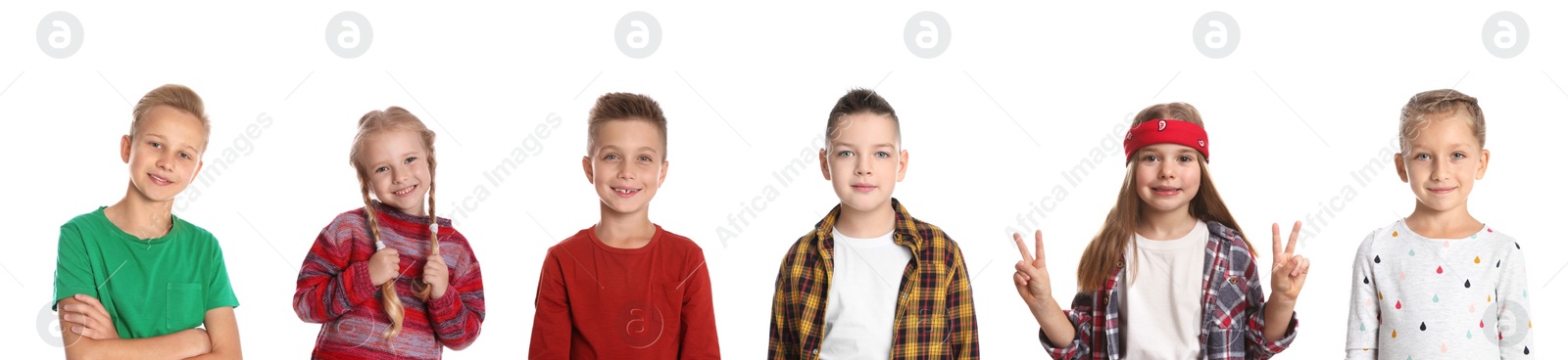 Image of Collage with photos of different cheerful children on white background