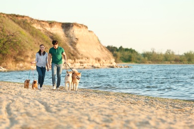 Photo of Young couple walking their adorable dogs near river