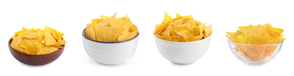 Image of Set with tasty tortilla chips (nachos) on white background. Banner design