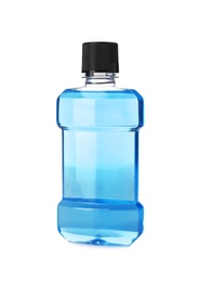 Photo of Bottle with mouthwash for teeth care on white background