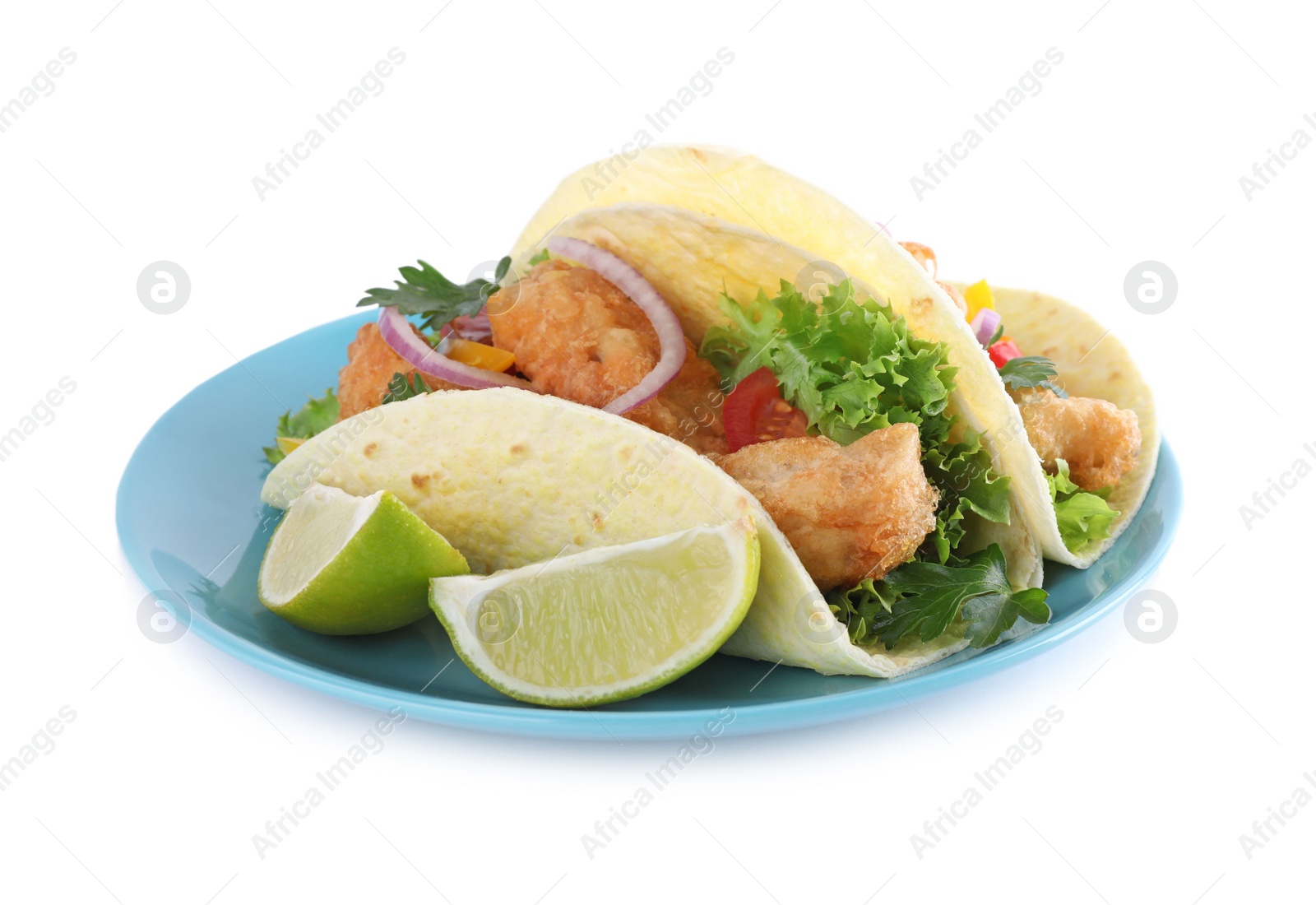 Photo of Yummy fish tacos with lettuce isolated on white