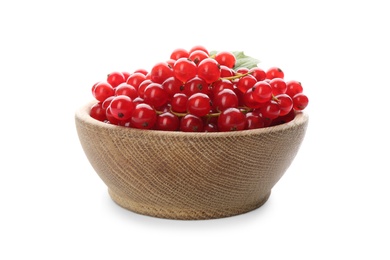 Photo of Delicious ripe red currants in bowl isolated on white