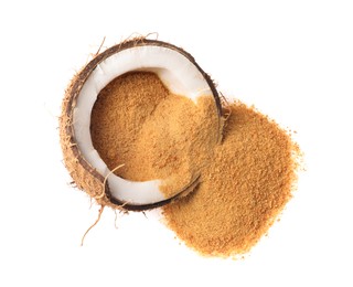 Photo of Coconut sugar and fruit isolated on white, top view