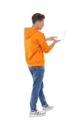 Man using tablet with blank screen on white background