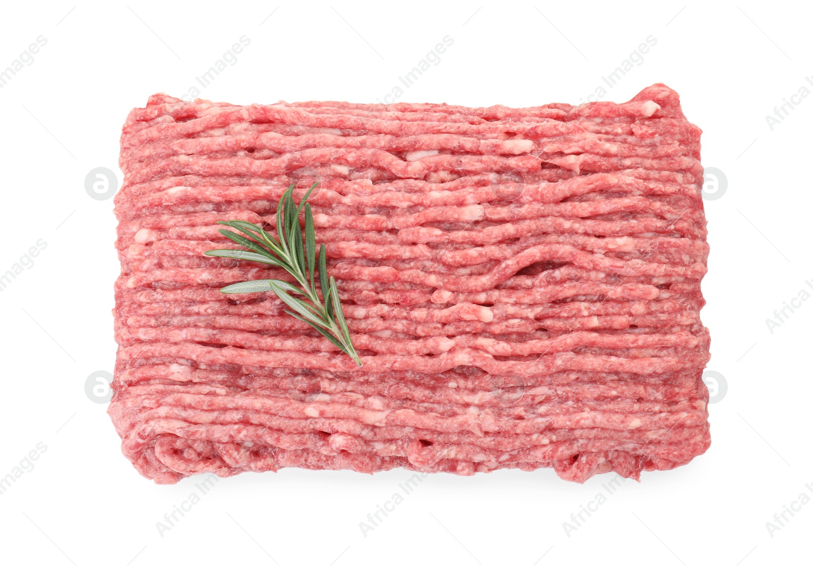 Photo of Raw ground meat and rosemary isolated on white, top view