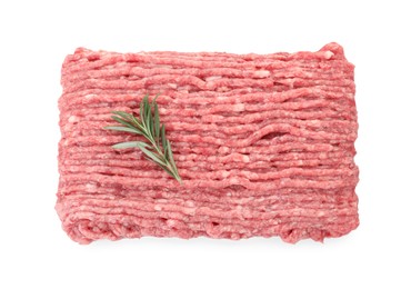 Photo of Raw ground meat and rosemary isolated on white, top view