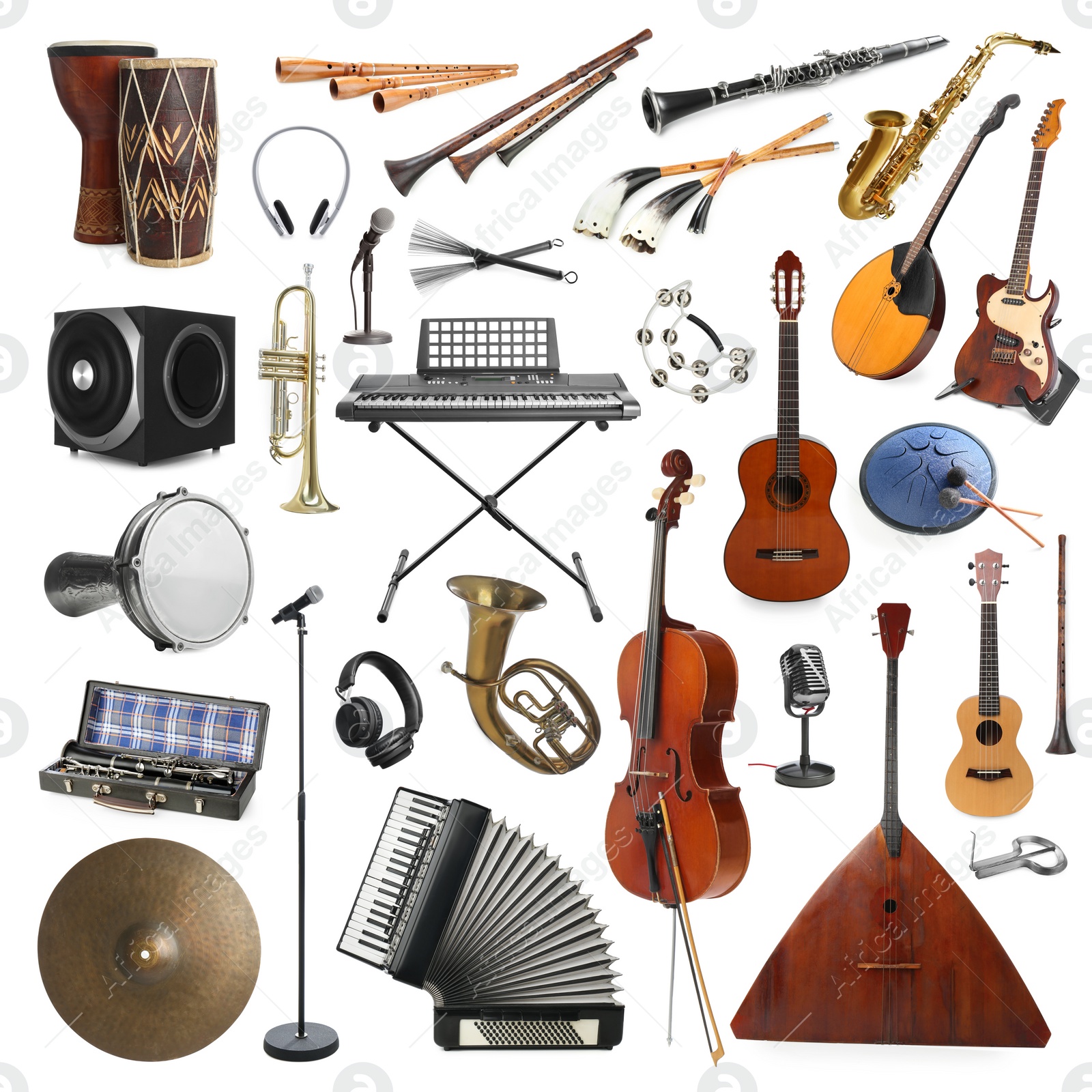 Image of Collection of different musical instruments on white background