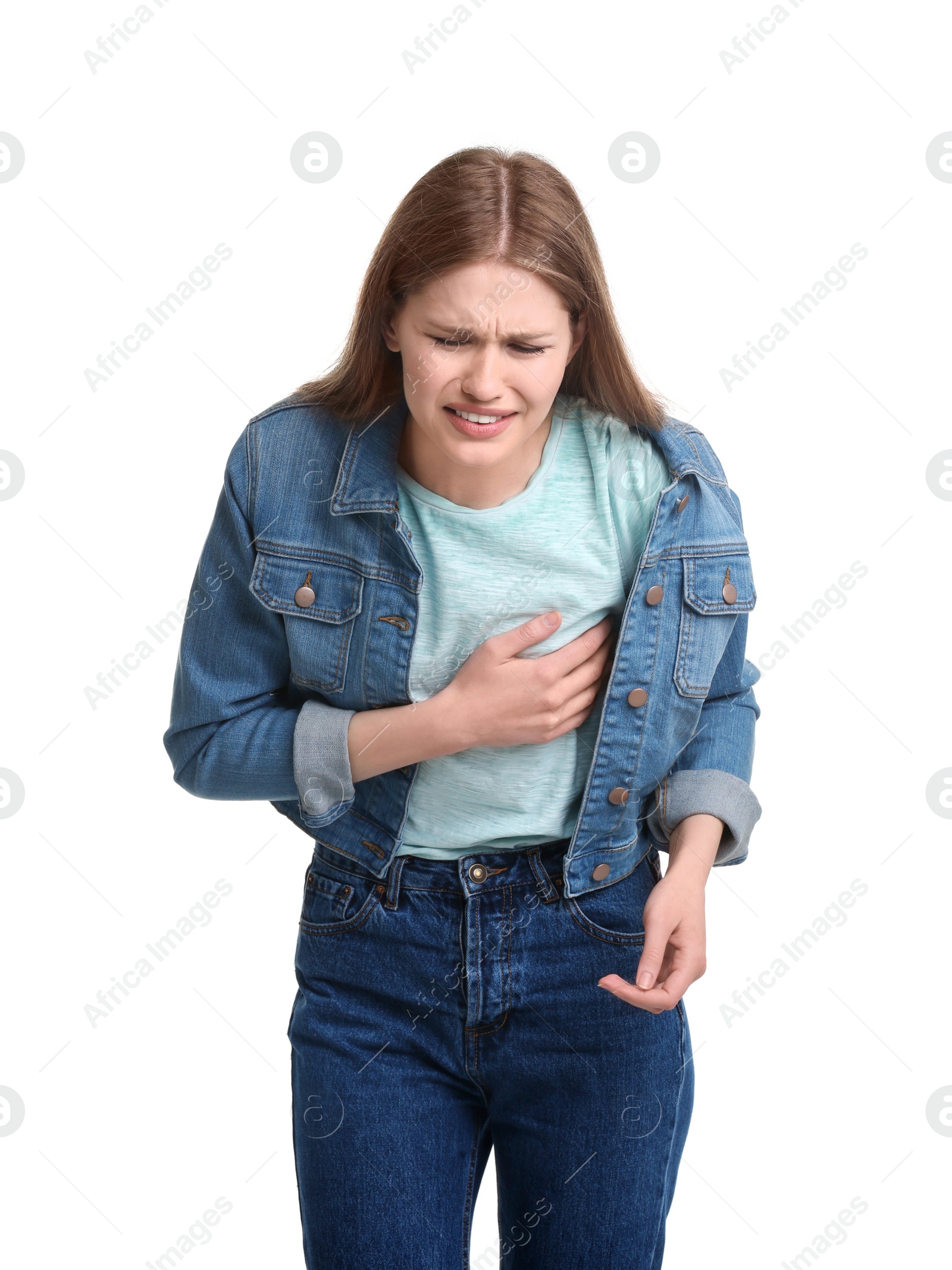 Photo of Young woman having heart attack on white background