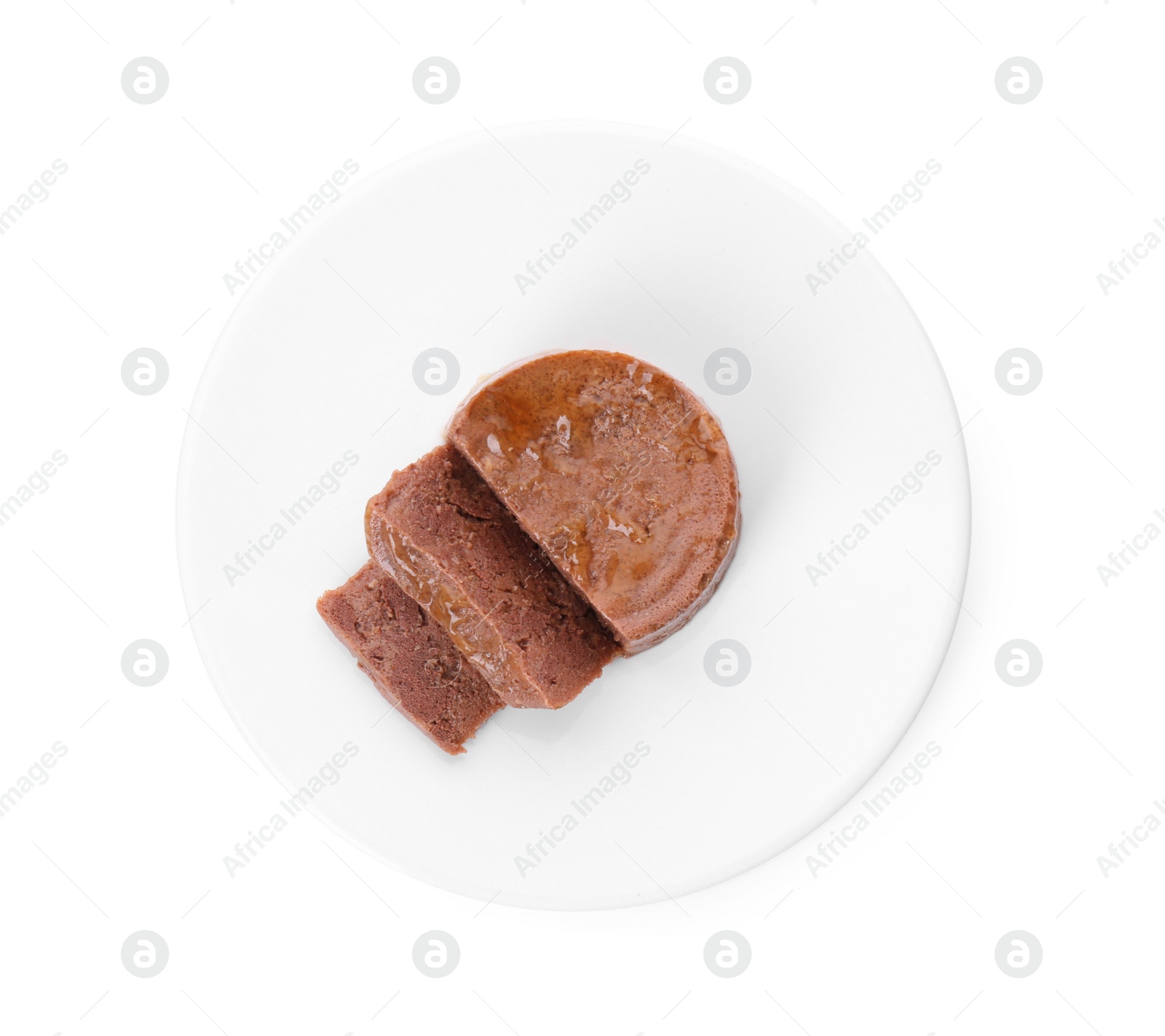 Photo of Wet pet food isolated on white, top view
