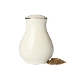 Photo of Ceramic pepper shaker isolated on white. Kitchen utensil