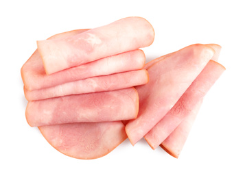 Slices of tasty fresh ham isolated on white, top view