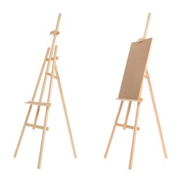 Wooden easel isolated on white, one with canvas