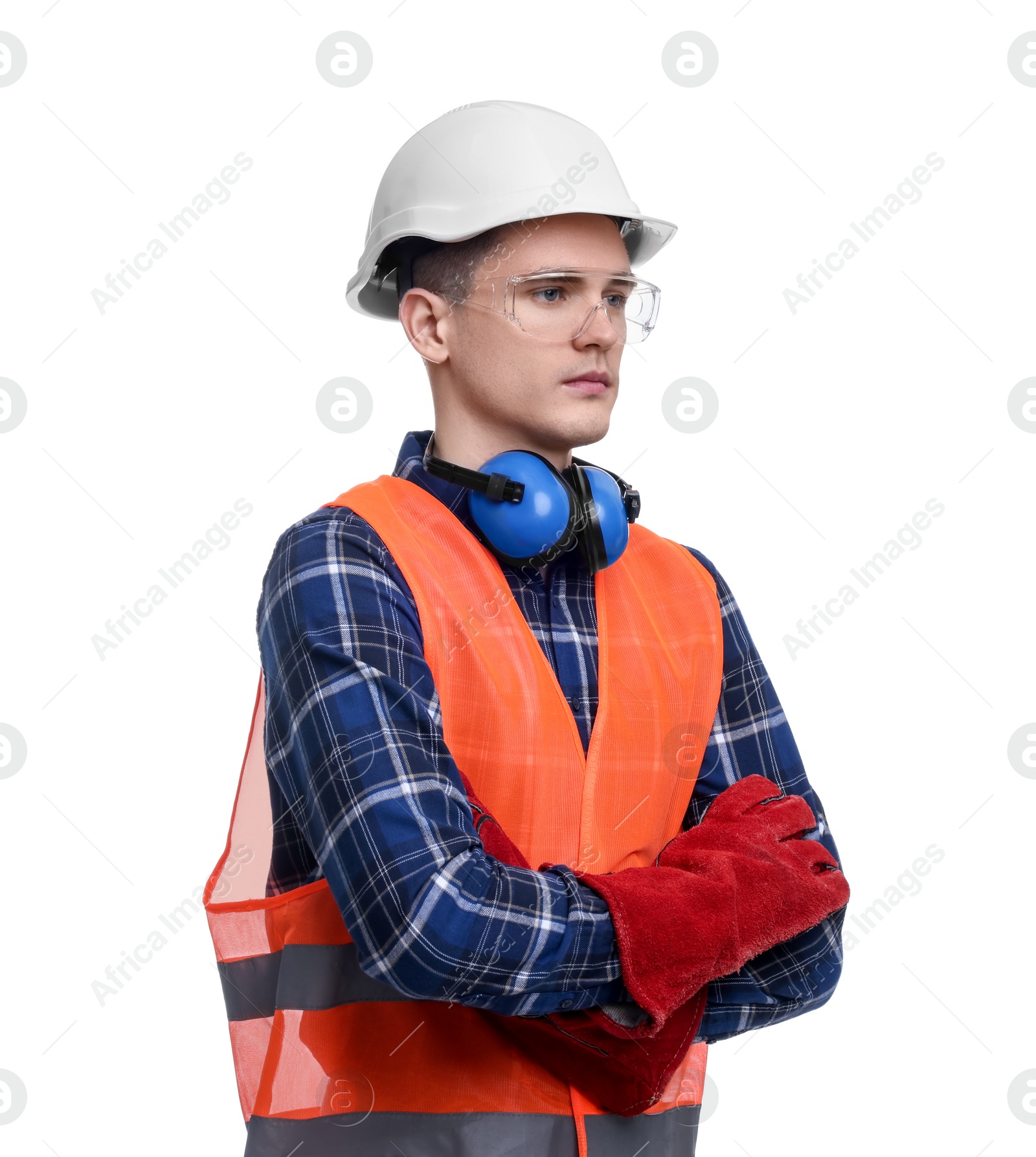 Photo of Young man wearing safety equipment on white background