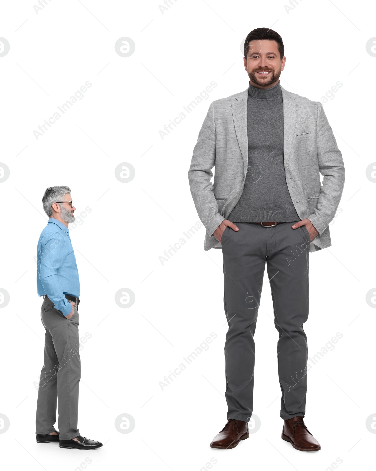 Image of Happy giant boss and small man on white background