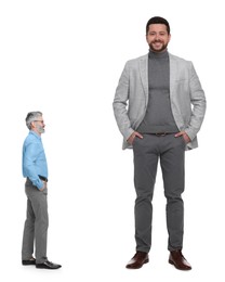 Image of Happy giant boss and small man on white background