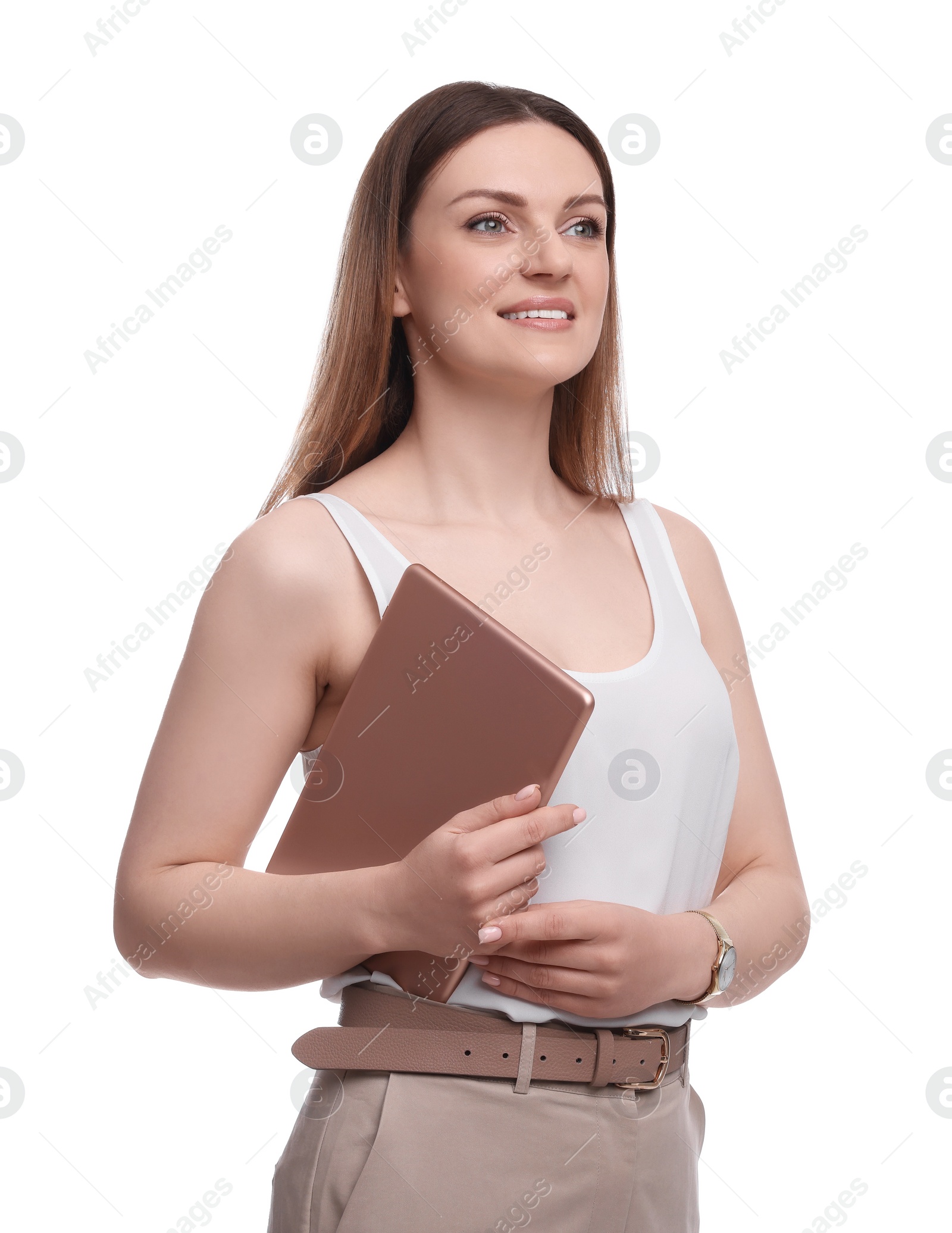 Photo of Beautiful happy businesswoman with tablet on white background