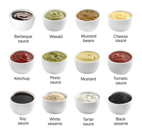Image of Set of different delicious sauces and condiments with names on white background